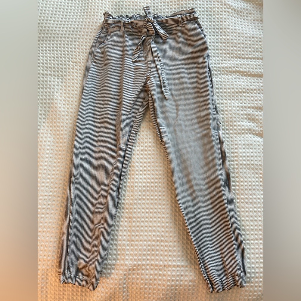 Striped blue and white linen pants